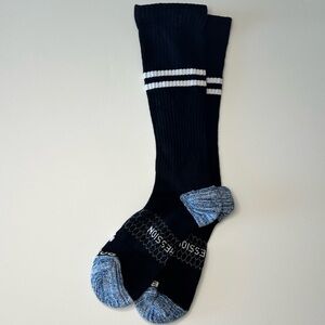 Bombas New Small Compression Socks Black w/ White Stripes & Blue Heather Accents